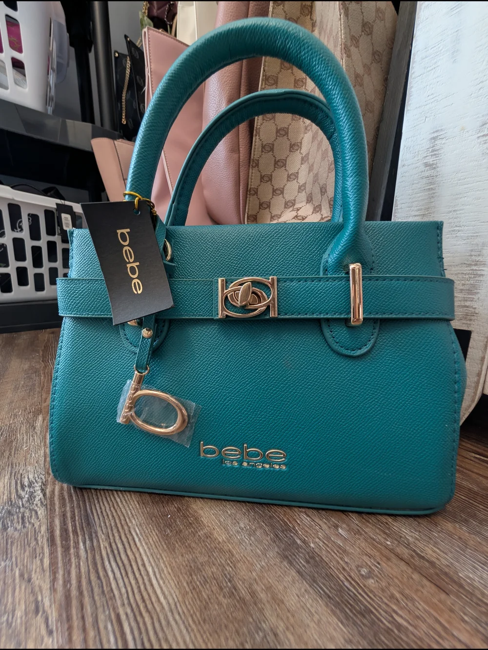 bebe Teal Structured Top-Handle Satchel with Gold Accents